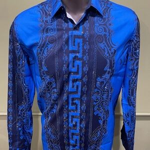 Deniko Blue Casual Button Down Shirt with Baroque Patterns rhinestone